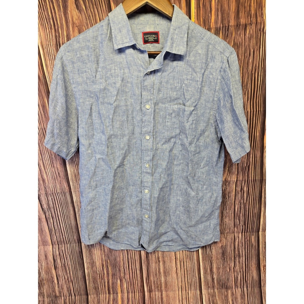 UNTUCKit Button Down Shirt Mens Medium Blue Linen Short Sleeve Slim Fit Wrinkle - Picture 5 of 8